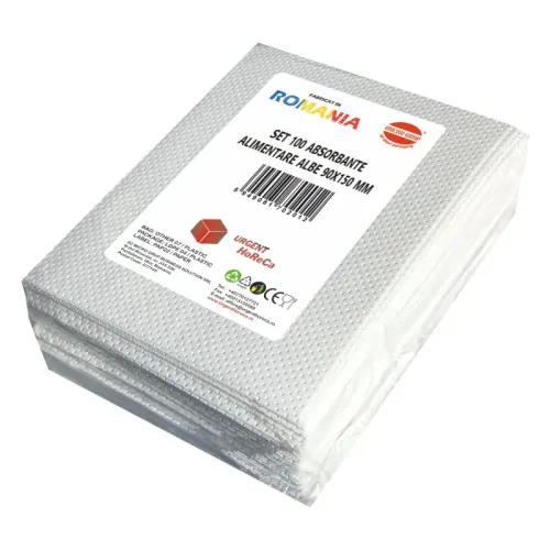 Absorbante alimentare albe, dimensiuni 90x150 mm, set 100 bucati Absorbante alimentare albe, dimensiuni 90x150 mm, set 100 bucati
