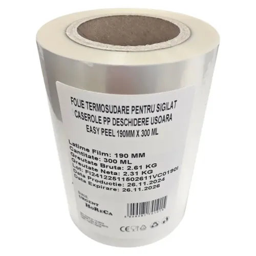 Folie termosudare, pentru sigilat caserole PP, deschidere usoara Easy Peel, 190MM X 300 ML Folie termosudare, pentru sigilat caserole PP, deschidere usoara Easy Peel, 190MM X 300 ML