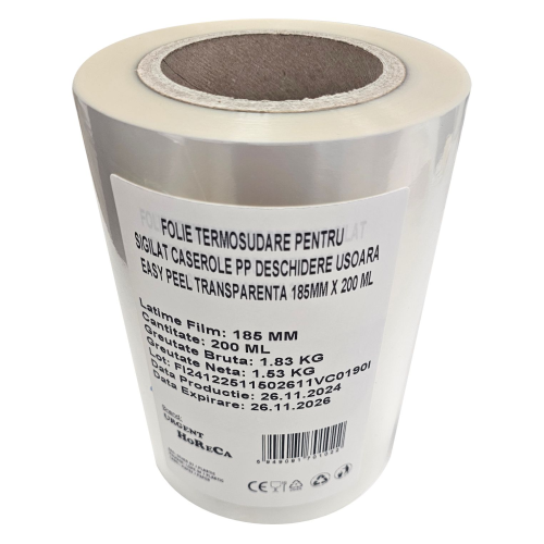 Folie termosudare, pentru sigilat caserole PP, deschidere usoara Easy Peel, transparenta 185MM X 200 ML