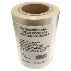 Folie termosudare, pentru sigilat caserole PP, deschidere usoara Easy Peel, transparenta 190MM X 200 ML
