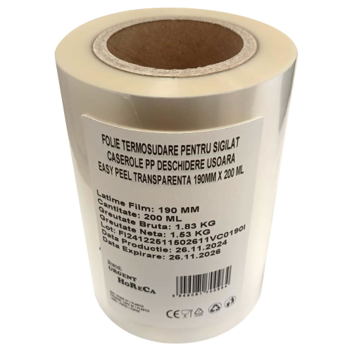 Folie termosudare, pentru sigilat caserole PP, deschidere usoara Easy Peel, transparenta 190MM X 200 ML