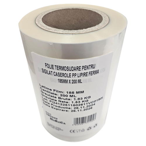 Folie termosudare pentru sigilat caserole PP, lipire ferma, 185MM X 200 ML