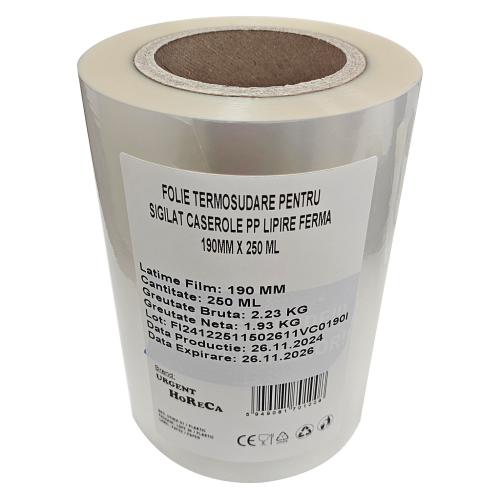 Folie termosudare pentru sigilat caserole PP, lipire ferma, 190MM X 250 ML