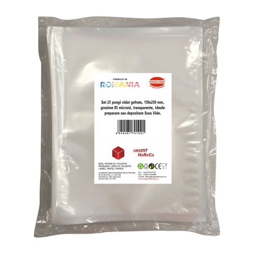 Pungi vidat gofrate, 150X250 mm, grosime 85 microni, transparente, ideale preparare sau depozitare Sous Vide, set 25 bucati