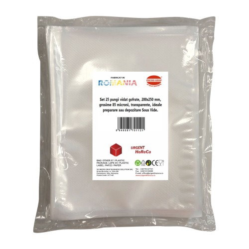 Pungi vidat gofrate, 200x250 mm, grosime 85 microni, transparente, ideale preparare sau depozitare Sous Vide, set 25 bucati