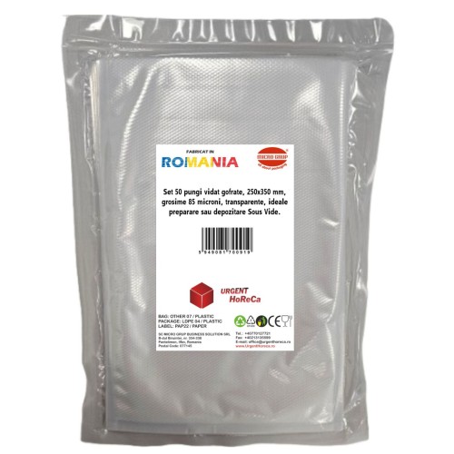 Pungi vidat gofrate, 250x350 mm, grosime 85 microni, transparente, ideale preparare sau depozitare Sous Vide, set 50 bucati