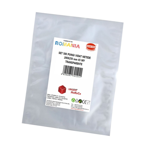 Pungi vidat/vacuum netede, pentru masini de vidat cu camera, 200X250 mm, grosime 65 microni, transparente, set 500 bucati