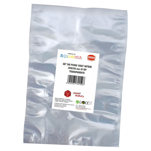 Pungi vidat/vacuum netede, pentru masini de vidat cu camera, 250X350 mm, grosime 65 microni, transparente, set 500 bucati