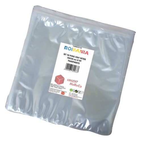 Pungi vidat/vacuum netede, pentru masini de vidat cu camera, 300X300 mm, grosime 65 microni, transparente, set 100 bucati