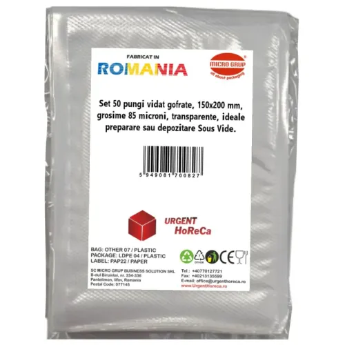 Pungi vidat gofrate, 150x200 mm, grosime 85 microni, transparente, ideale preparare sau depozitare Sous Vide, set 50 bucati Pungi vidat gofrate, 150x200 mm, grosime 85 microni, transparente, ideale preparare sau depozitare Sous Vide, set 50 bucati