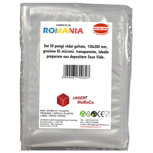 Pungi vidat gofrate, 150x200 mm, grosime 85 microni, transparente, ideale preparare sau depozitare Sous Vide, set 50 bucati