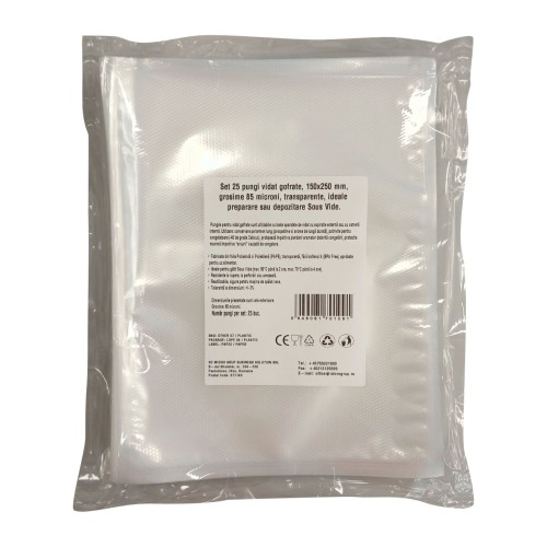 Pungi vidat gofrate, 150X250 mm, grosime 85 microni, transparente, ideale preparare sau depozitare Sous Vide, set 25 bucati