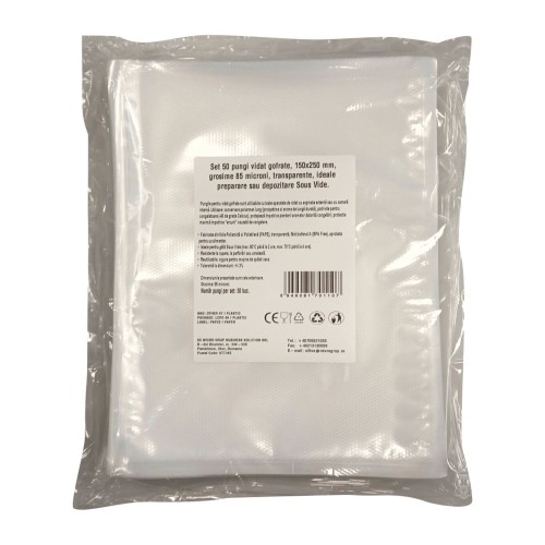 Pungi vidat gofrate, 150x250 mm, grosime 85 microni, transparente, ideale preparare sau depozitare Sous Vide, set 50 bucati
