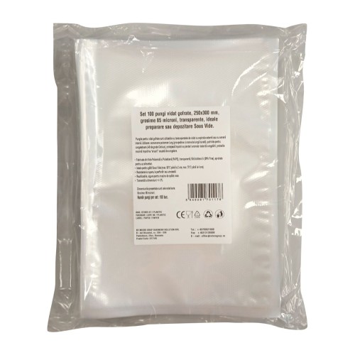 Pungi vidat gofrate, 250x300 mm, grosime 85 microni, transparente, ideale preparare sau depozitare Sous Vide, set 100 bucati