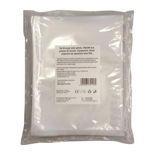 Pungi vidat gofrate, 250x300 mm, grosime 85 microni, transparente, ideale preparare sau depozitare Sous Vide, set 50 bucati