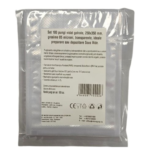 Pungi vidat gofrate, 250x350 mm, grosime 85 microni, transparente, ideale preparare sau depozitare Sous Vide, set 100 bucati