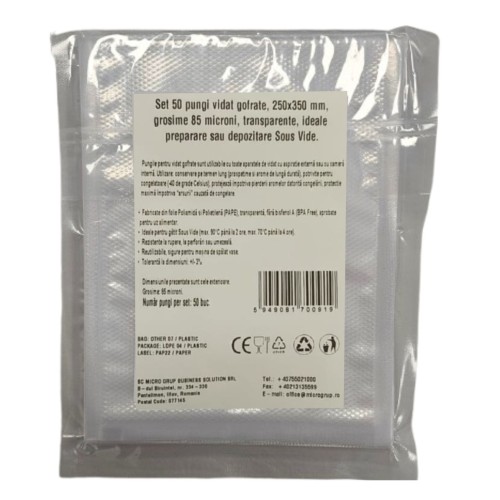 Pungi vidat gofrate, 250x350 mm, grosime 85 microni, transparente, ideale preparare sau depozitare Sous Vide, set 50 bucati