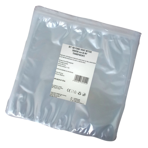 Pungi vidat/vacuum netede, pentru masini de vidat cu camera, 250X250 mm, grosime 65 microni, transparente, set 100 bucati