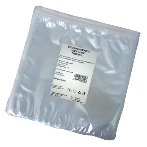 Pungi vidat/vacuum netede, pentru masini de vidat cu camera, 250X250 mm, grosime 65 microni, transparente, set 300 bucati