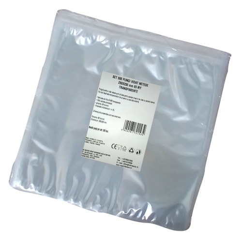 Pungi vidat/vacuum netede, pentru masini de vidat cu camera, 250X250 mm, grosime 65 microni, transparente, set 500 bucati