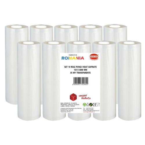 Set 10 role pungi vidat gofrate, dimensiuni 150x6000 mm, transparente, grosime 85 microni, preparare sau depozitare Sous Vide