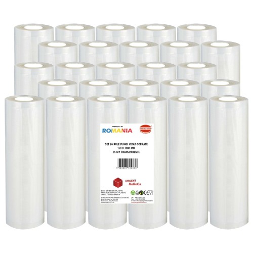 Set 26 role pungi vidat gofrate, dimensiuni 150x3000 mm, transparente, grosime 85 microni, preparare sau depozitare Sous Vide