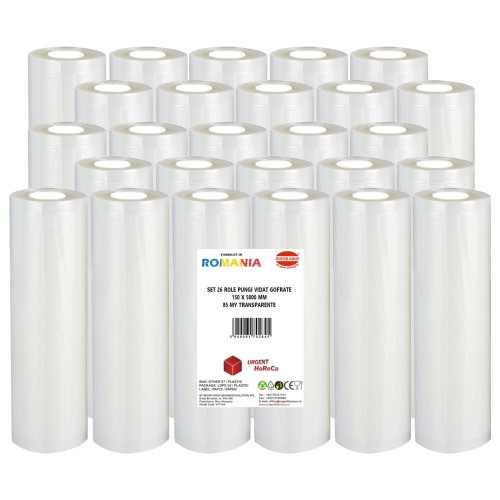 Set 26 role pungi vidat gofrate, dimensiuni 150x5000 mm, transparente, grosime 85 microni, preparare sau depozitare Sous Vide