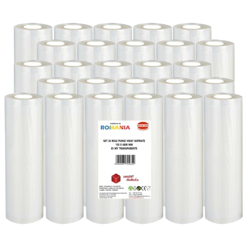 Set 26 role pungi vidat gofrate, dimensiuni 150x6000 mm, transparente, grosime 85 microni, preparare sau depozitare Sous Vide