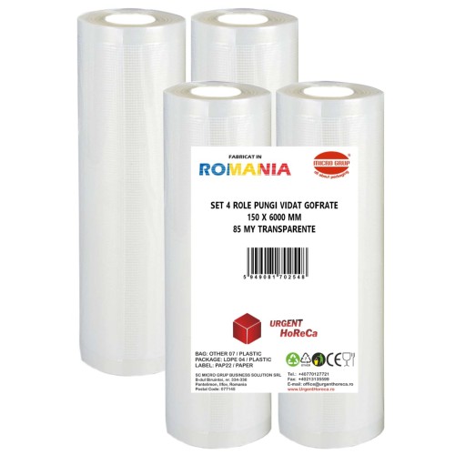 Set 4 role pungi vidat gofrate, dimensiuni 150x6000 mm, transparente, grosime 85 microni, preparare sau depozitare Sous Vide