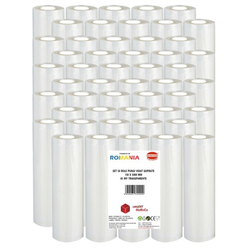 Set 50 role pungi vidat gofrate, dimensiuni 150x5000 mm, transparente, grosime 85 microni, preparare sau depozitare Sous Vide