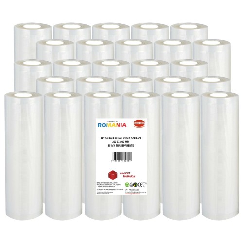 Set 26 role pungi vidat gofrate, dimensiuni 200x3000 mm, transparente, grosime 85 microni, preparare sau depozitare Sous Vide