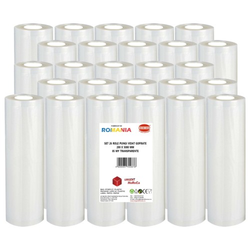 Set 26 role pungi vidat gofrate, dimensiuni 200x5000 mm, transparente, grosime 85 microni, preparare sau depozitare Sous Vide