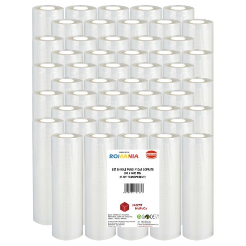 Set 50 role pungi vidat gofrate, dimensiuni 200x6000 mm, transparente, grosime 85 microni, preparare sau depozitare Sous Vide