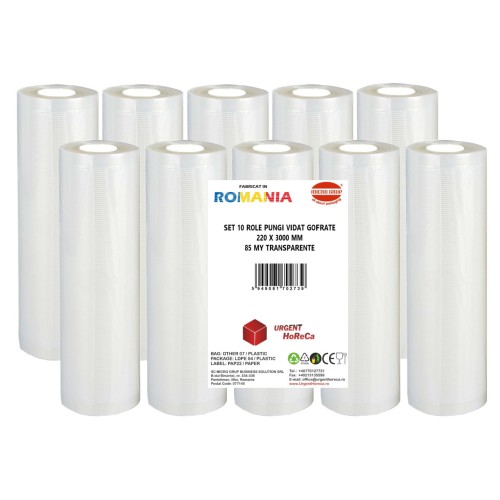 Set 10 role pungi vidat gofrate, dimensiuni 220x3000 mm, transparente, grosime 85 microni, preparare sau depozitare Sous Vide