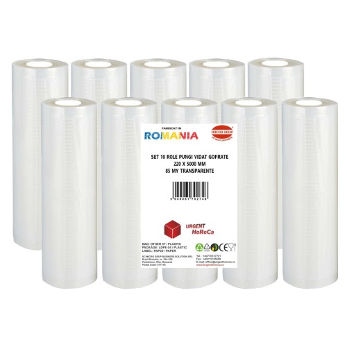 Set 10 role pungi vidat gofrate, dimensiuni 220x5000 mm, transparente, grosime 85 microni, preparare sau depozitare Sous Vide