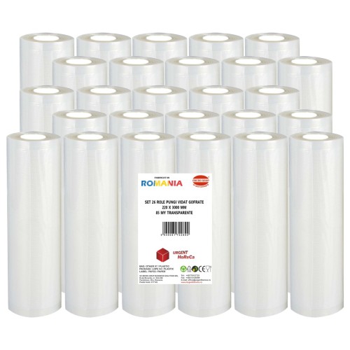 Set 26 role pungi vidat gofrate, dimensiuni 220x3000 mm, transparente, grosime 85 microni, preparare sau depozitare Sous Vide