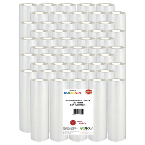 Set 50 role pungi vidat gofrate, dimensiuni 220x3000 mm, transparente, grosime 85 microni, preparare sau depozitare Sous Vide
