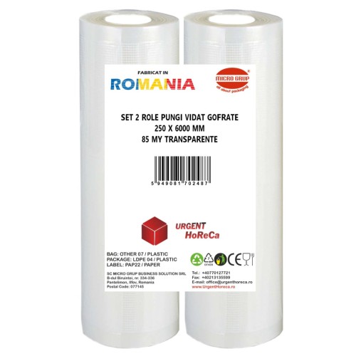 Set 2 role pungi vidat gofrate, dimensiuni 250x6000 mm, transparente, grosime 85 microni, preparare sau depozitare Sous Vide