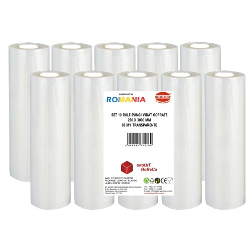 Set 10 role pungi vidat gofrate, dimensiuni 250x3000 mm, transparente, grosime 85 microni, preparare sau depozitare Sous Vide