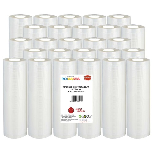 Set 26 role pungi vidat gofrate, dimensiuni 250x3000 mm, transparente, grosime 85 microni, preparare sau depozitare Sous Vide