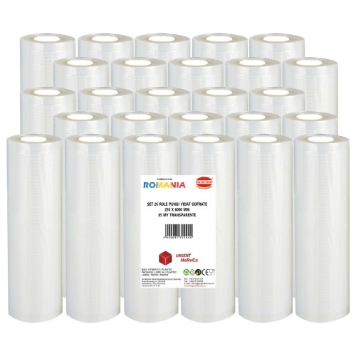 Set 26 role pungi vidat gofrate, dimensiuni 250x6000 mm, transparente, grosime 85 microni, preparare sau depozitare Sous Vide