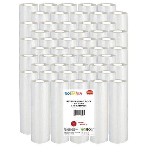Set 50 role pungi vidat gofrate, dimensiuni 250x3000 mm, transparente, grosime 85 microni, preparare sau depozitare Sous Vide