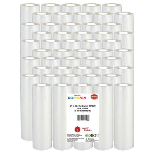 Set 50 role pungi vidat gofrate, dimensiuni 250x5000 mm, transparente, grosime 85 microni, preparare sau depozitare Sous Vide
