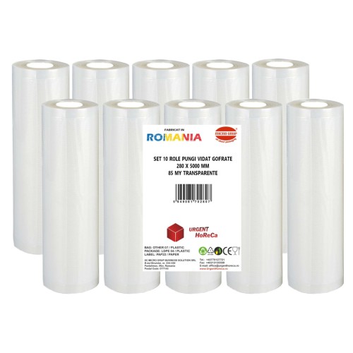 Set 10 role pungi vidat gofrate, dimensiuni 280x5000 mm, transparente, grosime 85 microni, preparare sau depozitare Sous Vide