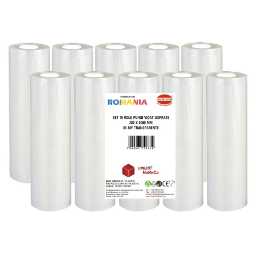 Set 10 role pungi vidat gofrate, dimensiuni 280x6000 mm, transparente, grosime 85 microni, preparare sau depozitare Sous Vide