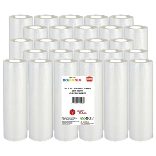 Set 26 role pungi vidat gofrate, dimensiuni 280x3000 mm, transparente, grosime 85 microni, preparare sau depozitare Sous Vide