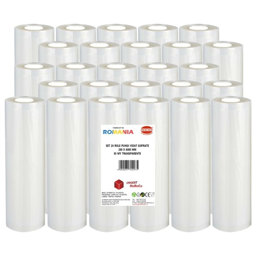 Set 26 role pungi vidat gofrate, dimensiuni 280x6000 mm, transparente, grosime 85 microni, preparare sau depozitare Sous Vide