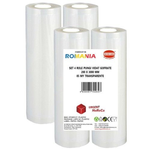 Set 4 role pungi vidat gofrate, dimensiuni 280x3000 mm, transparente, grosime 85 microni, preparare sau depozitare Sous Vide