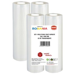 Set 4 role pungi vidat gofrate, dimensiuni 280x5000 mm, transparente, grosime 85 microni, preparare sau depozitare Sous Vide