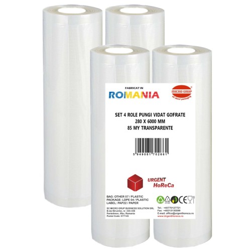 Set 4 role pungi vidat gofrate, dimensiuni 280x6000 mm, transparente, grosime 85 microni, preparare sau depozitare Sous Vide